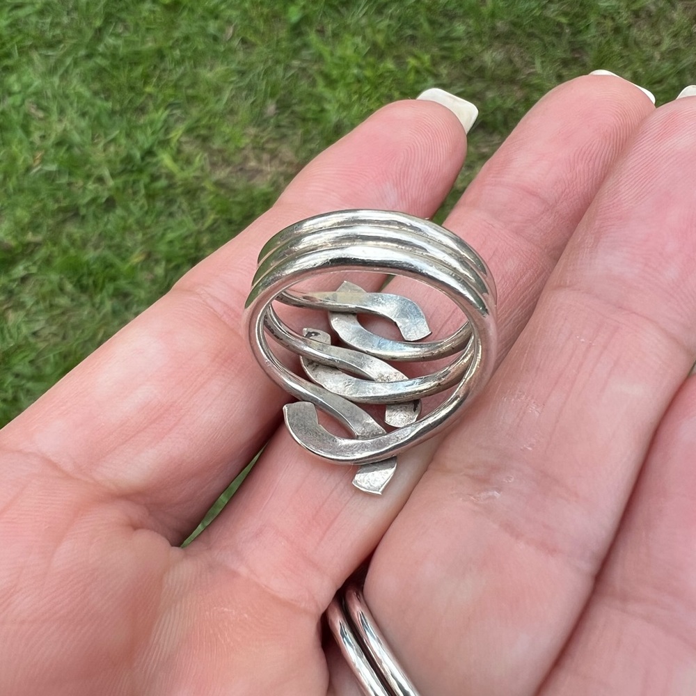 Sterling Silver MEXICO Freeform Weave Tapered Three Layered Band Ring - Picture 14 of 17